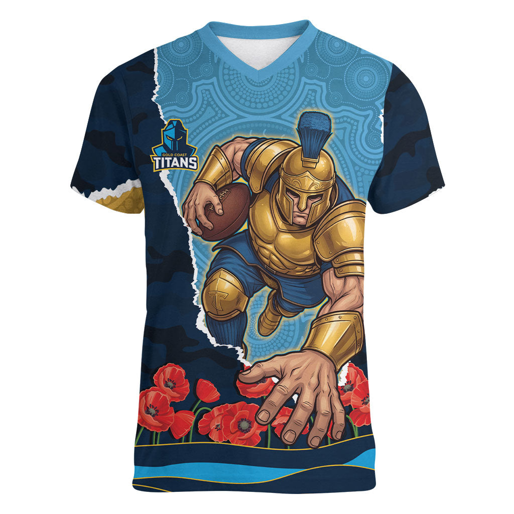 Personalized Gold Coast Titans ANZAC Tribute Women V-Neck T-Shirt Poppy Field Soldier Silhouette Aboriginal Rugby Mascot