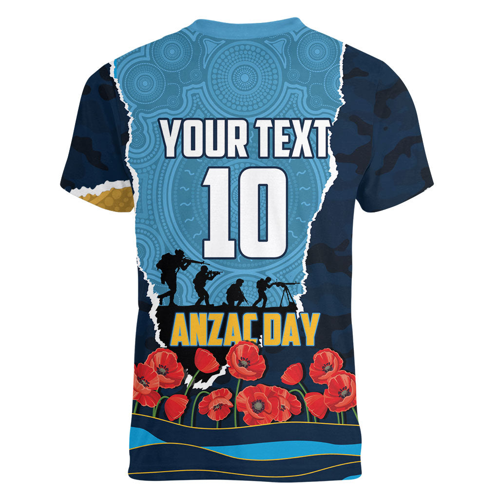 Personalized Gold Coast Titans ANZAC Tribute Women V-Neck T-Shirt Poppy Field Soldier Silhouette Aboriginal Rugby Mascot