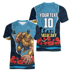 Personalized Gold Coast Titans ANZAC Tribute Women V-Neck T-Shirt Poppy Field Soldier Silhouette Aboriginal Rugby Mascot