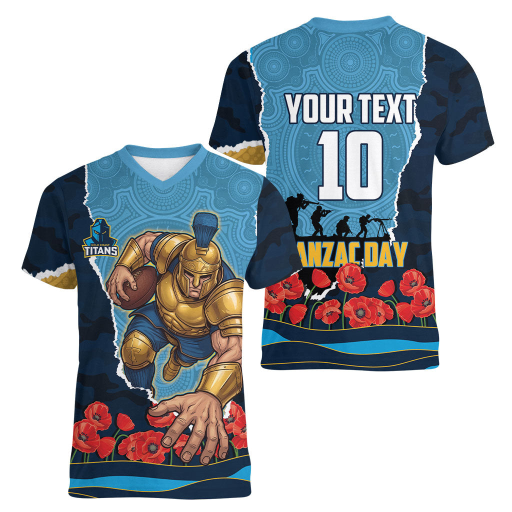 Personalized Gold Coast Titans ANZAC Tribute Women V-Neck T-Shirt Poppy Field Soldier Silhouette Aboriginal Rugby Mascot