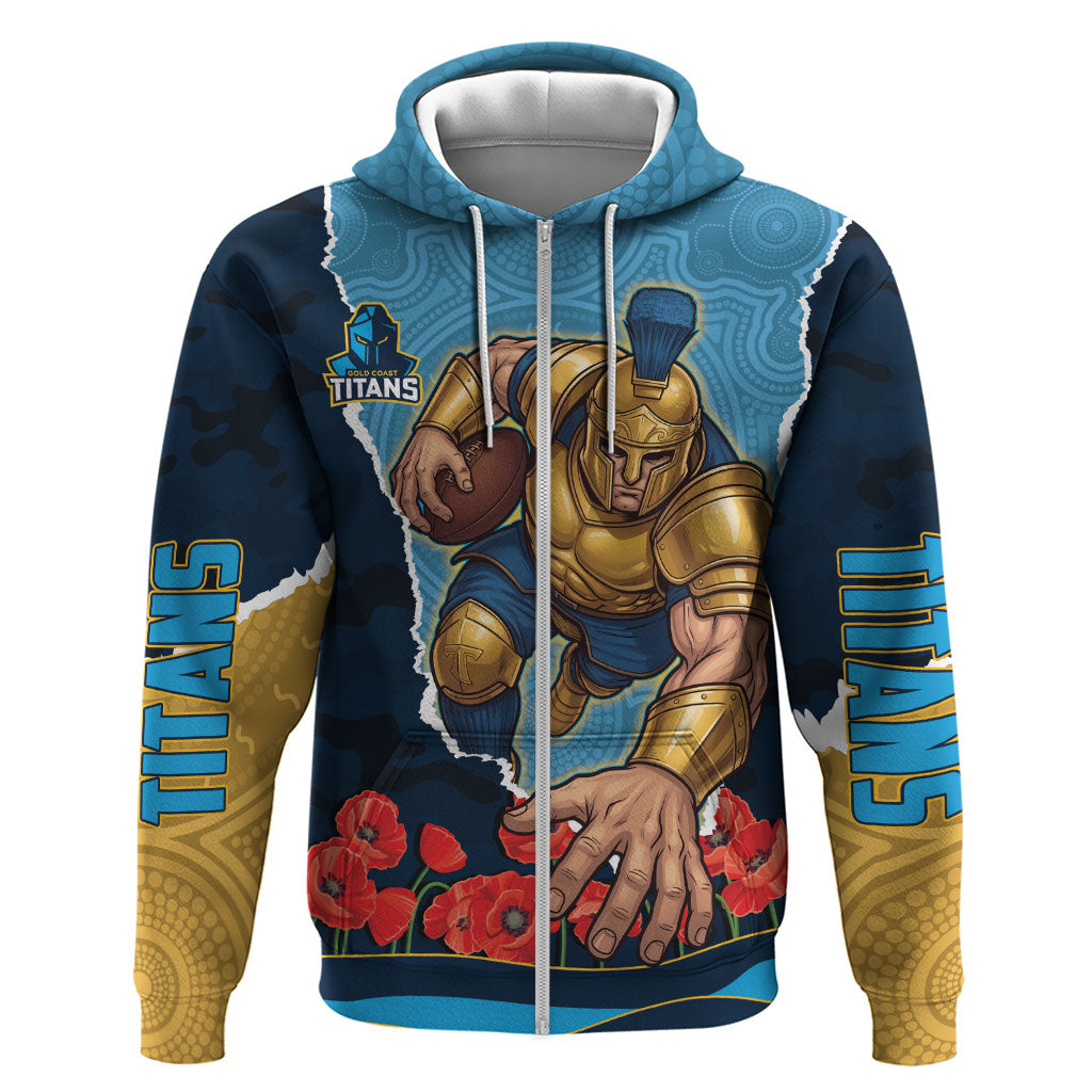 Personalized Gold Coast Titans ANZAC Tribute Zip Hoodie Poppy Field Soldier Silhouette Aboriginal Rugby Mascot