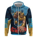 Personalized Gold Coast Titans ANZAC Tribute Zip Hoodie Poppy Field Soldier Silhouette Aboriginal Rugby Mascot