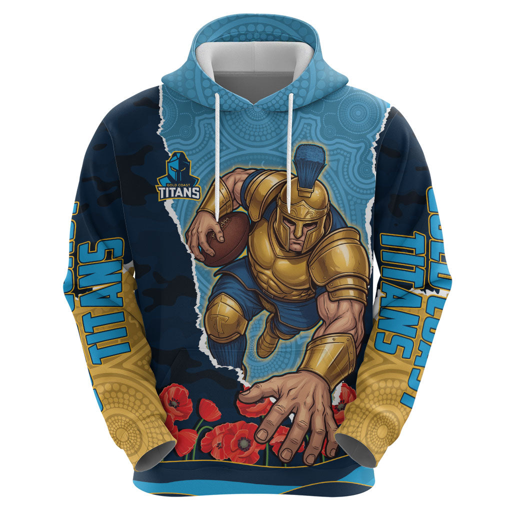 Personalized Gold Coast Titans ANZAC Tribute Zip Hoodie Poppy Field Soldier Silhouette Aboriginal Rugby Mascot