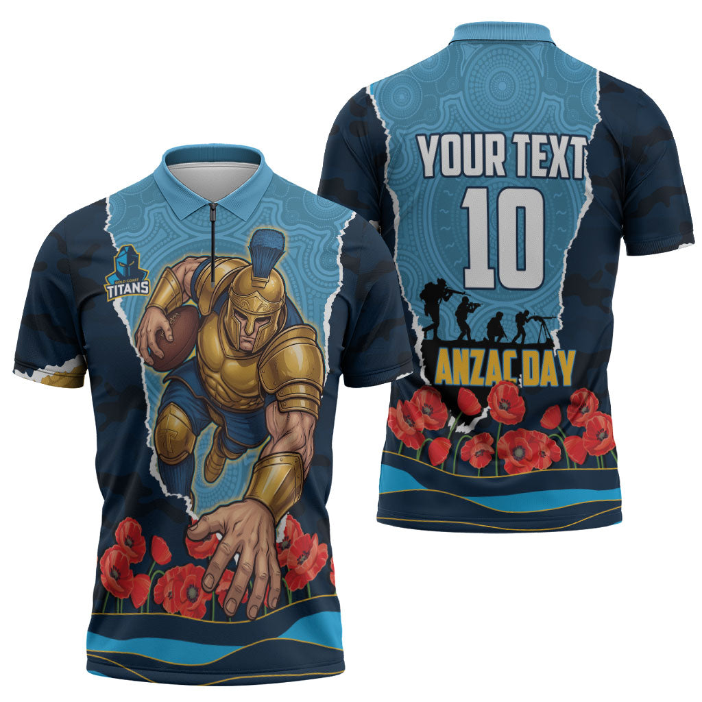Personalized Gold Coast Titans ANZAC Tribute Zipper Polo Shirt Poppy Field Soldier Silhouette Aboriginal Rugby Mascot