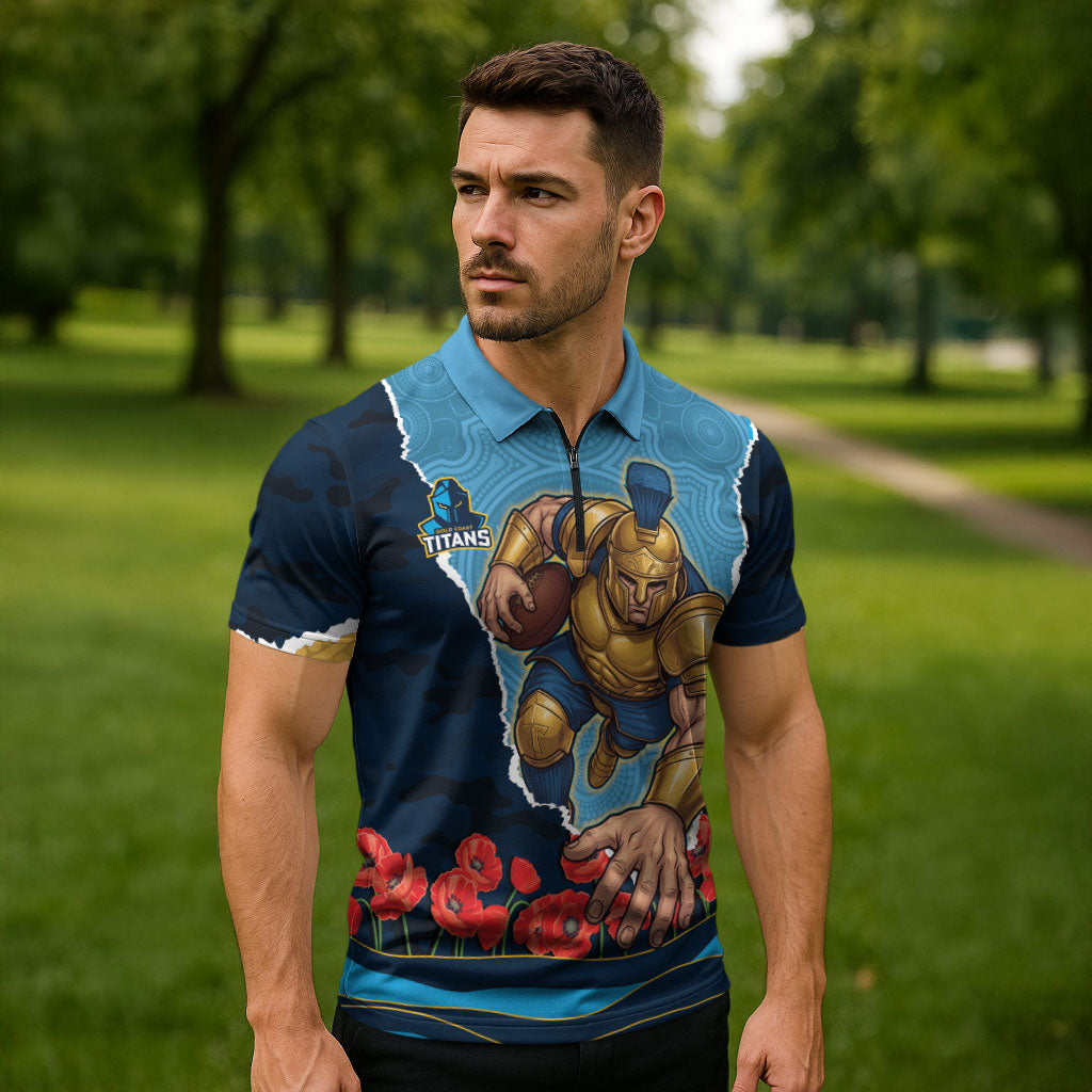 Personalized Gold Coast Titans ANZAC Tribute Zipper Polo Shirt Poppy Field Soldier Silhouette Aboriginal Rugby Mascot