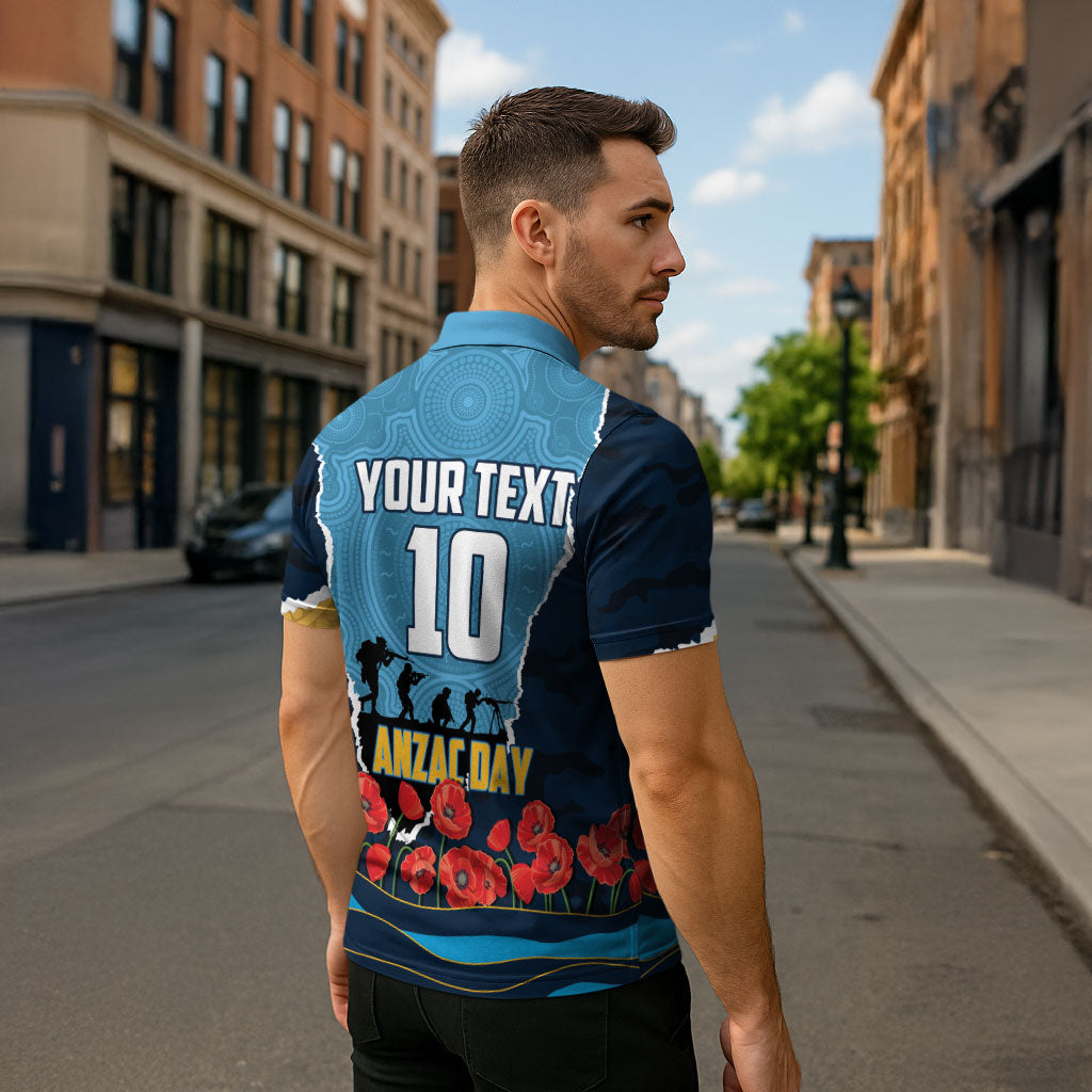Personalized Gold Coast Titans ANZAC Tribute Zipper Polo Shirt Poppy Field Soldier Silhouette Aboriginal Rugby Mascot