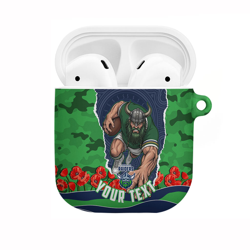 Personalized Canberra Raiders ANZAC Tribute AirPods Case Poppy Field Soldier Silhouette Aboriginal Rugby Mascot