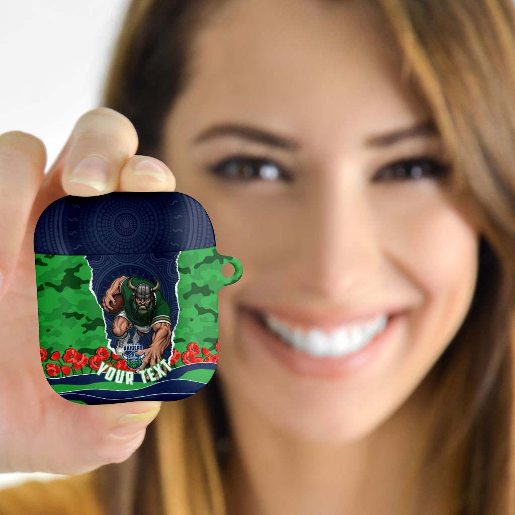 Personalized Canberra Raiders ANZAC Tribute AirPods Case Poppy Field Soldier Silhouette Aboriginal Rugby Mascot