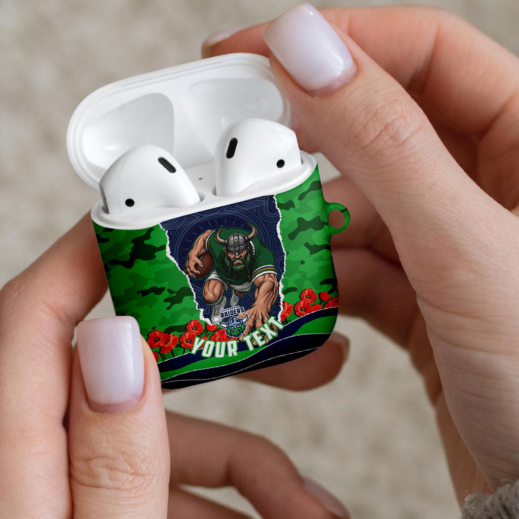 Personalized Canberra Raiders ANZAC Tribute AirPods Case Poppy Field Soldier Silhouette Aboriginal Rugby Mascot