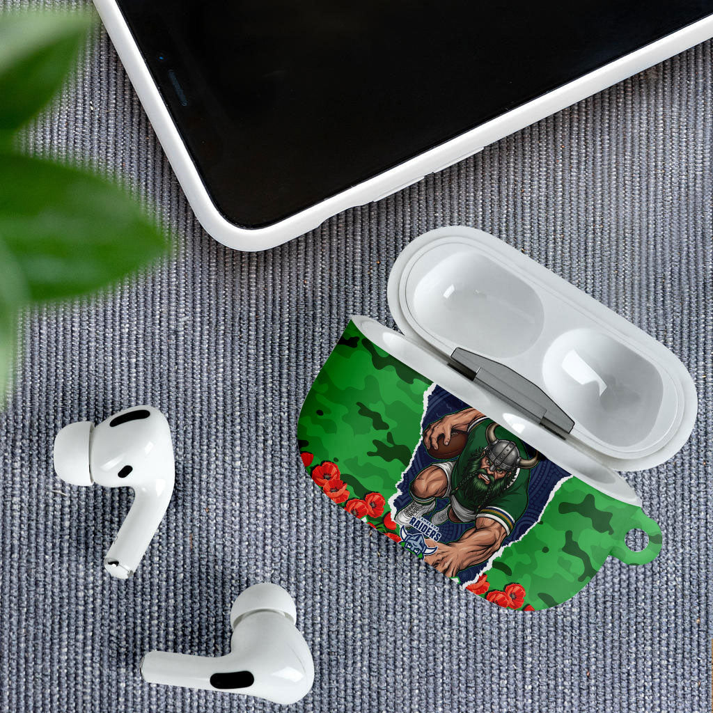 Personalized Canberra Raiders ANZAC Tribute AirPods Case Poppy Field Soldier Silhouette Aboriginal Rugby Mascot