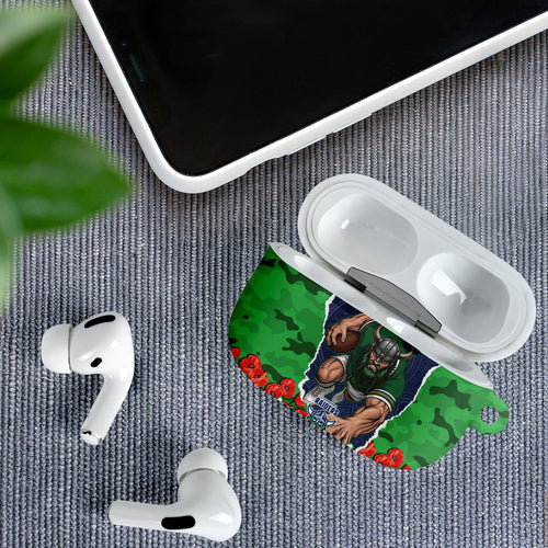 Personalized Canberra Raiders ANZAC Tribute AirPods Case Poppy Field Soldier Silhouette Aboriginal Rugby Mascot