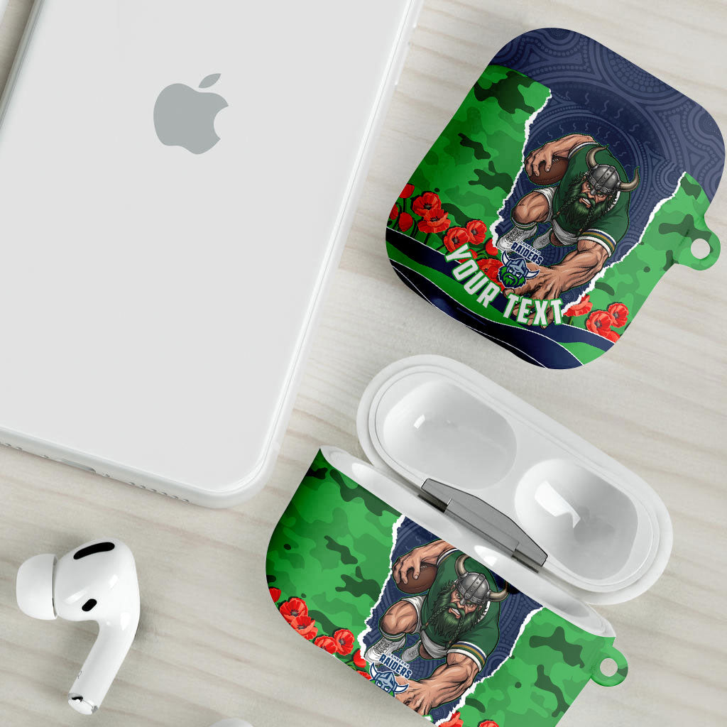Personalized Canberra Raiders ANZAC Tribute AirPods Case Poppy Field Soldier Silhouette Aboriginal Rugby Mascot