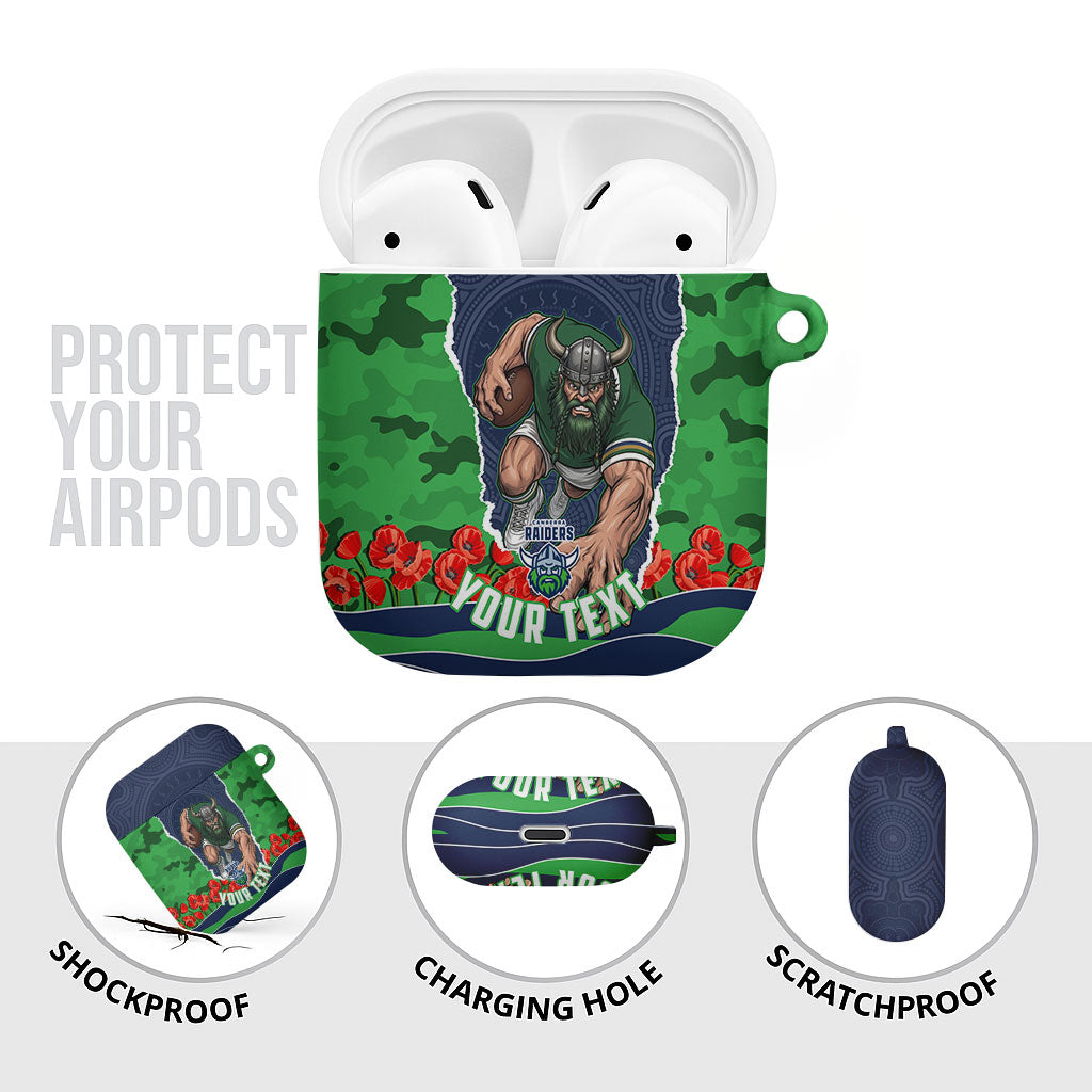 Personalized Canberra Raiders ANZAC Tribute AirPods Case Poppy Field Soldier Silhouette Aboriginal Rugby Mascot