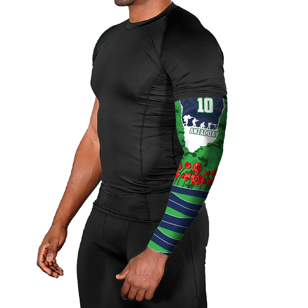 Personalized Canberra Raiders ANZAC Tribute Arm Sleeves Poppy Field Soldier Silhouette Aboriginal Rugby Mascot