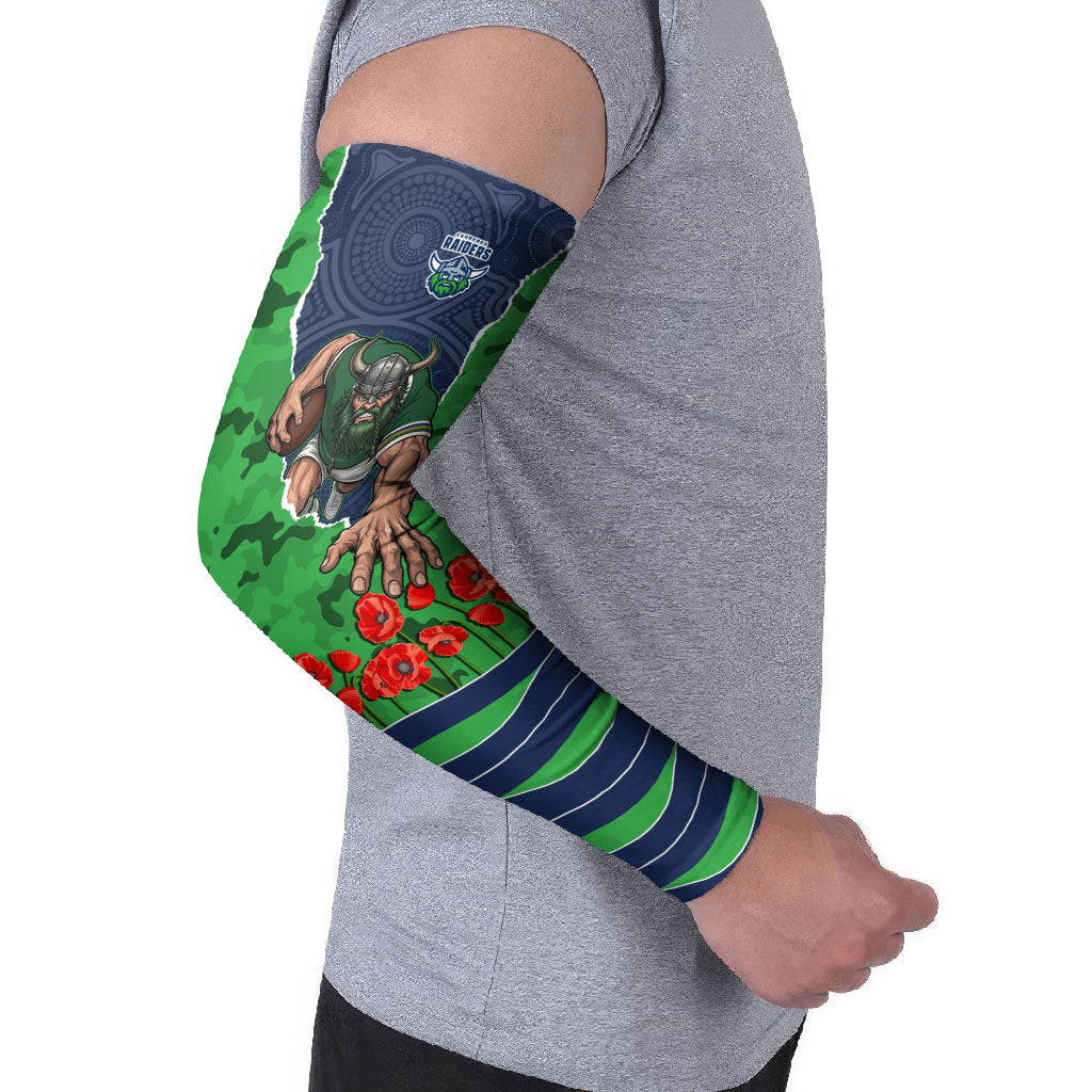 Personalized Canberra Raiders ANZAC Tribute Arm Sleeves Poppy Field Soldier Silhouette Aboriginal Rugby Mascot