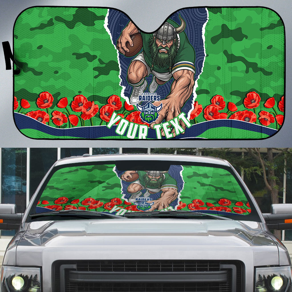 Personalized Canberra Raiders ANZAC Tribute Auto Sun Shade Poppy Field Soldier Silhouette Aboriginal Rugby Mascot