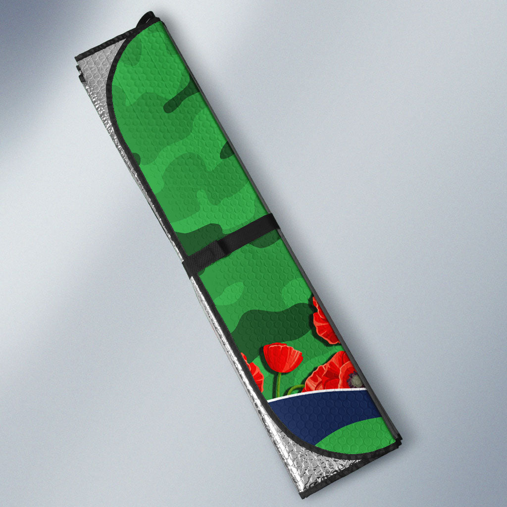 Personalized Canberra Raiders ANZAC Tribute Auto Sun Shade Poppy Field Soldier Silhouette Aboriginal Rugby Mascot
