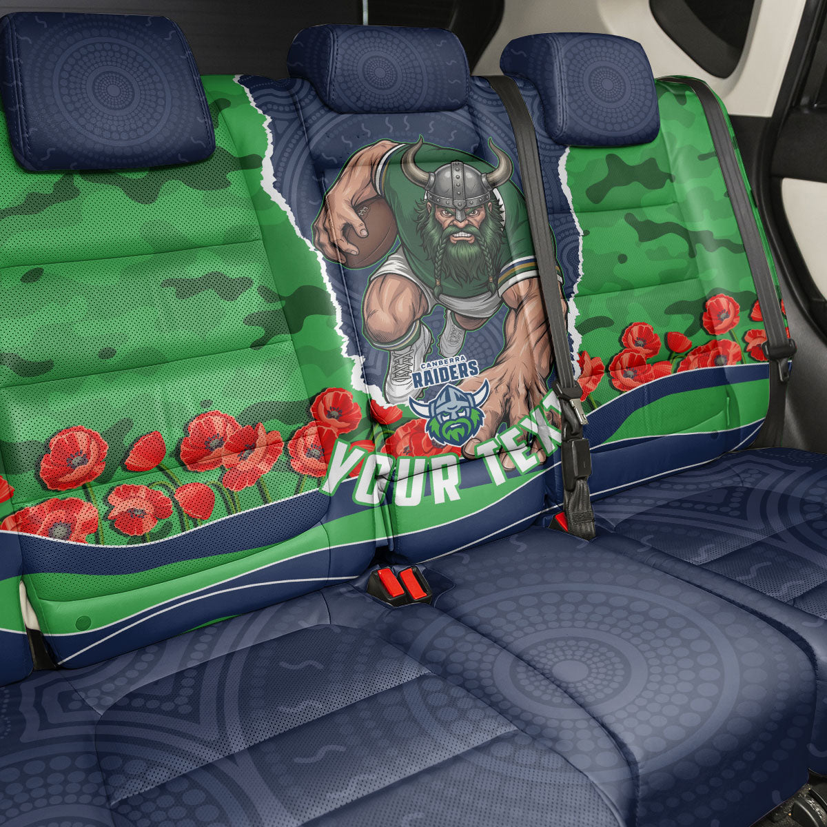 Personalized Canberra Raiders ANZAC Tribute Back Car Seat Cover Poppy Field Soldier Silhouette Aboriginal Rugby Mascot