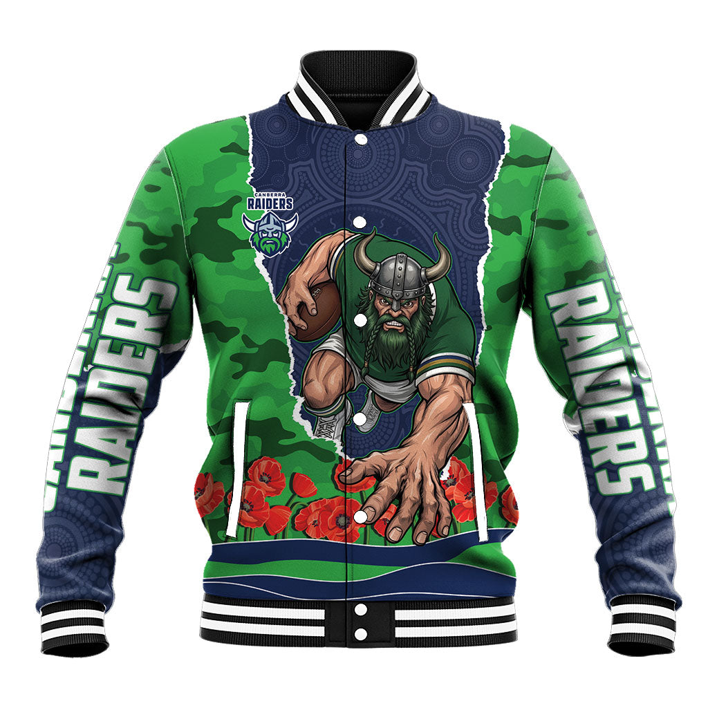 Personalized Canberra Raiders ANZAC Tribute Baseball Jacket Poppy Field Soldier Silhouette Aboriginal Rugby Mascot