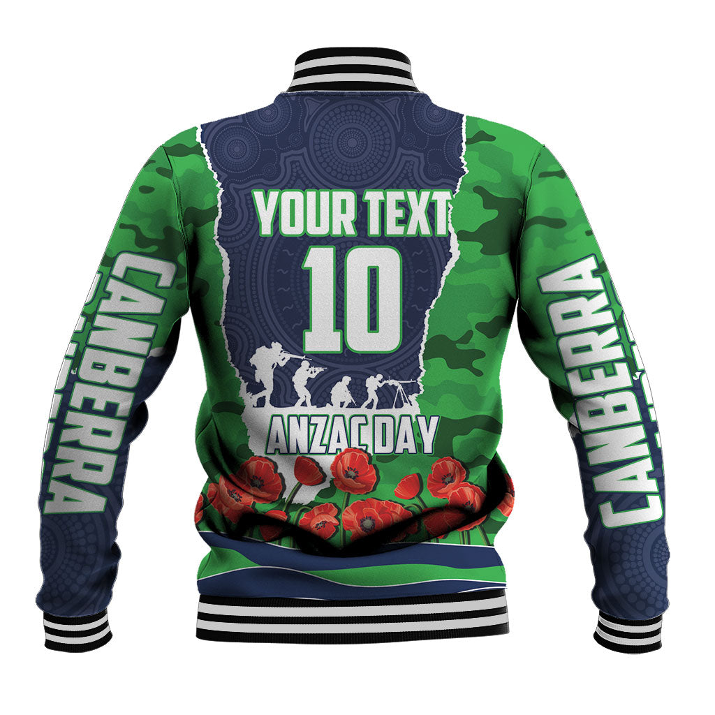 Personalized Canberra Raiders ANZAC Tribute Baseball Jacket Poppy Field Soldier Silhouette Aboriginal Rugby Mascot