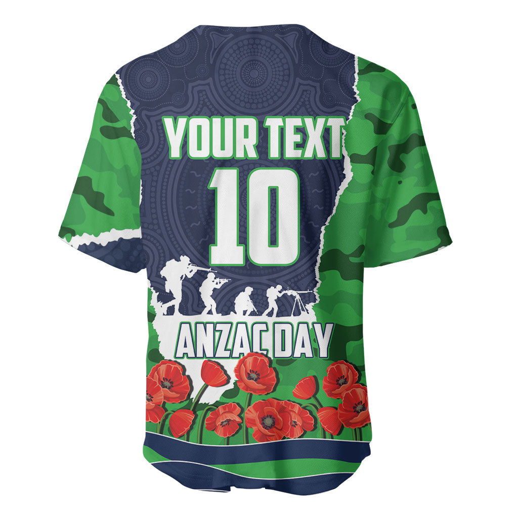 Personalized Canberra Raiders ANZAC Tribute Baseball Jersey Poppy Field Soldier Silhouette Aboriginal Rugby Mascot