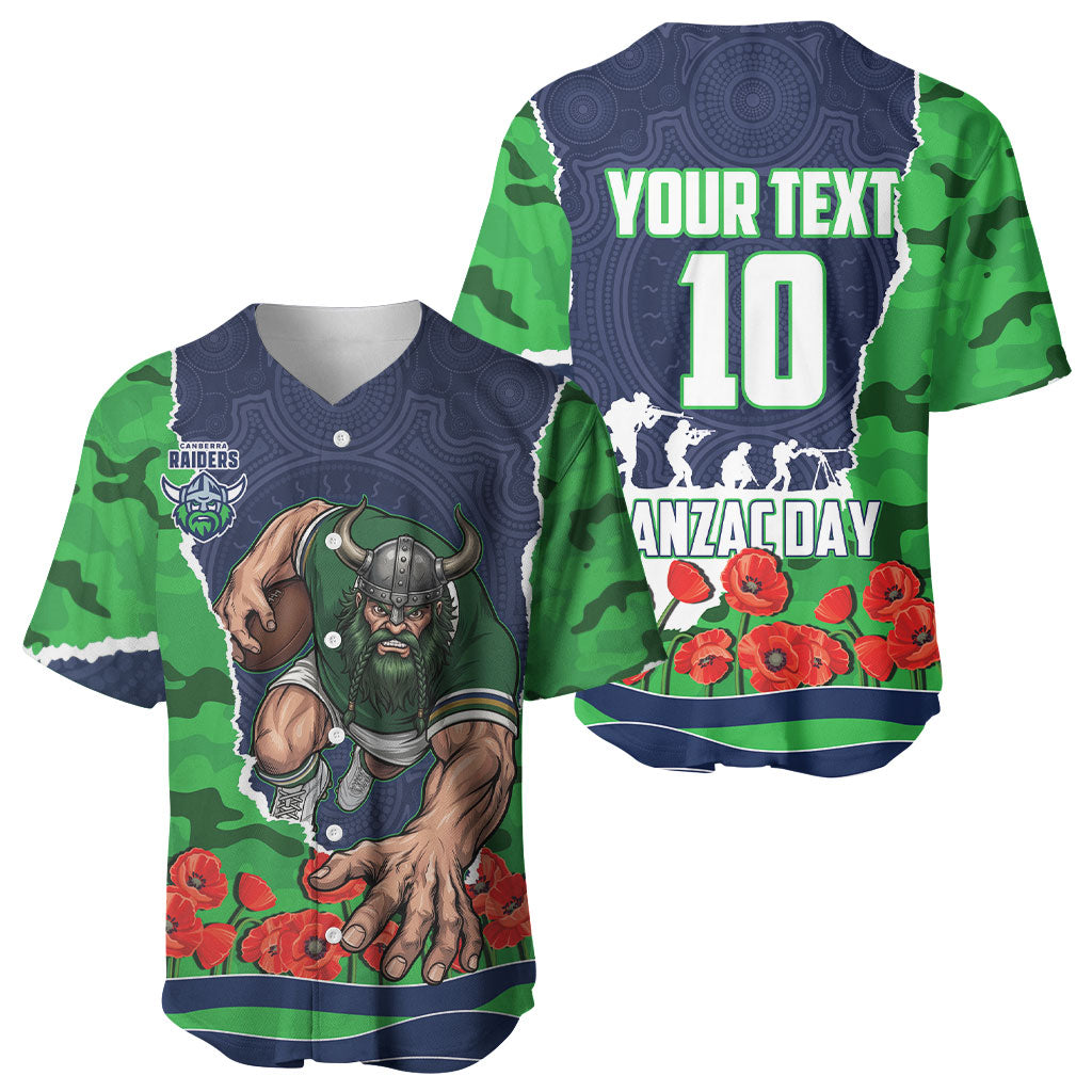 Personalized Canberra Raiders ANZAC Tribute Baseball Jersey Poppy Field Soldier Silhouette Aboriginal Rugby Mascot