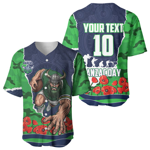 Personalized Canberra Raiders ANZAC Tribute Baseball Jersey Poppy Field Soldier Silhouette Aboriginal Rugby Mascot