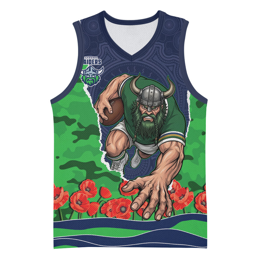 Personalized Canberra Raiders ANZAC Tribute Basketball Jersey Poppy Field Soldier Silhouette Aboriginal Rugby Mascot