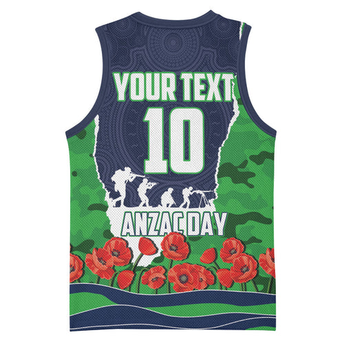 Personalized Canberra Raiders ANZAC Tribute Basketball Jersey Poppy Field Soldier Silhouette Aboriginal Rugby Mascot