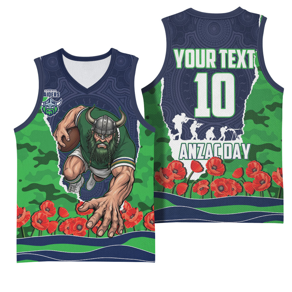 Personalized Canberra Raiders ANZAC Tribute Basketball Jersey Poppy Field Soldier Silhouette Aboriginal Rugby Mascot