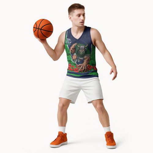 Personalized Canberra Raiders ANZAC Tribute Basketball Jersey Poppy Field Soldier Silhouette Aboriginal Rugby Mascot