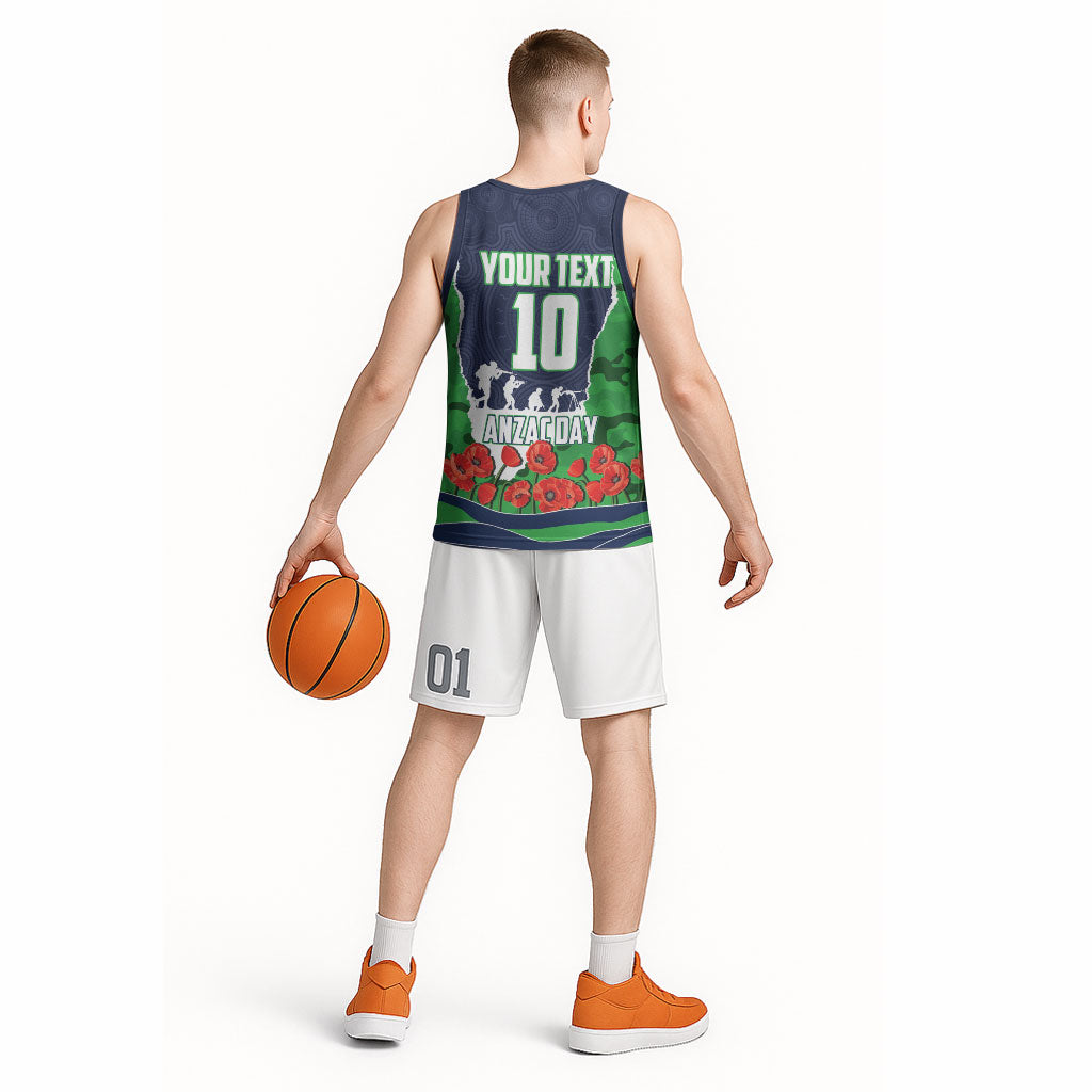 Personalized Canberra Raiders ANZAC Tribute Basketball Jersey Poppy Field Soldier Silhouette Aboriginal Rugby Mascot