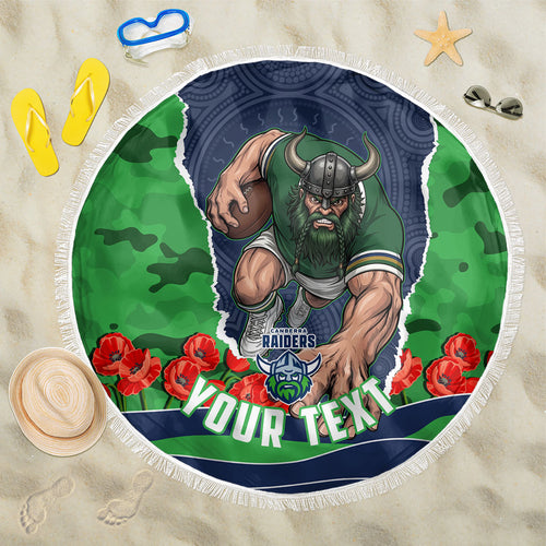 Personalized Canberra Raiders ANZAC Tribute Beach Blanket Poppy Field Soldier Silhouette Aboriginal Rugby Mascot