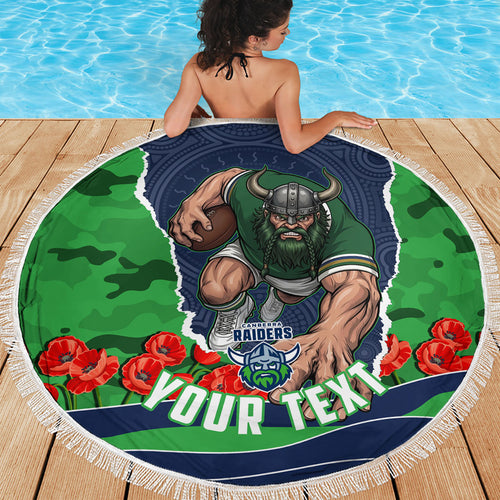 Personalized Canberra Raiders ANZAC Tribute Beach Blanket Poppy Field Soldier Silhouette Aboriginal Rugby Mascot
