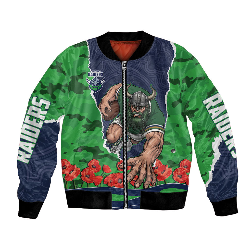 Personalized Canberra Raiders ANZAC Tribute Bomber Jacket Poppy Field Soldier Silhouette Aboriginal Rugby Mascot