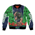 Personalized Canberra Raiders ANZAC Tribute Bomber Jacket Poppy Field Soldier Silhouette Aboriginal Rugby Mascot