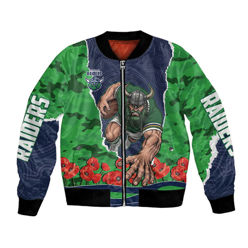 Personalized Canberra Raiders ANZAC Tribute Bomber Jacket Poppy Field Soldier Silhouette Aboriginal Rugby Mascot