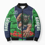 Personalized Canberra Raiders ANZAC Tribute Bomber Puffer Jacket Poppy Field Soldier Silhouette Aboriginal Rugby Mascot