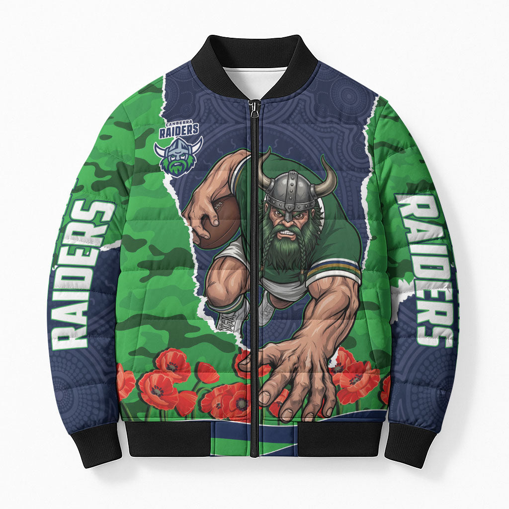 Personalized Canberra Raiders ANZAC Tribute Bomber Puffer Jacket Poppy Field Soldier Silhouette Aboriginal Rugby Mascot