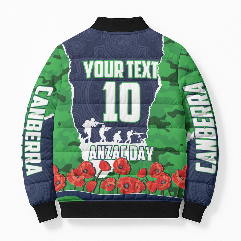 Personalized Canberra Raiders ANZAC Tribute Bomber Puffer Jacket Poppy Field Soldier Silhouette Aboriginal Rugby Mascot