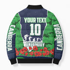 Personalized Canberra Raiders ANZAC Tribute Bomber Puffer Jacket Poppy Field Soldier Silhouette Aboriginal Rugby Mascot