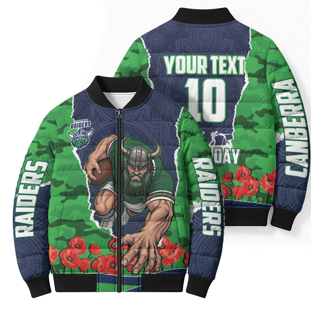 Personalized Canberra Raiders ANZAC Tribute Bomber Puffer Jacket Poppy Field Soldier Silhouette Aboriginal Rugby Mascot