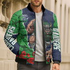 Personalized Canberra Raiders ANZAC Tribute Bomber Puffer Jacket Poppy Field Soldier Silhouette Aboriginal Rugby Mascot
