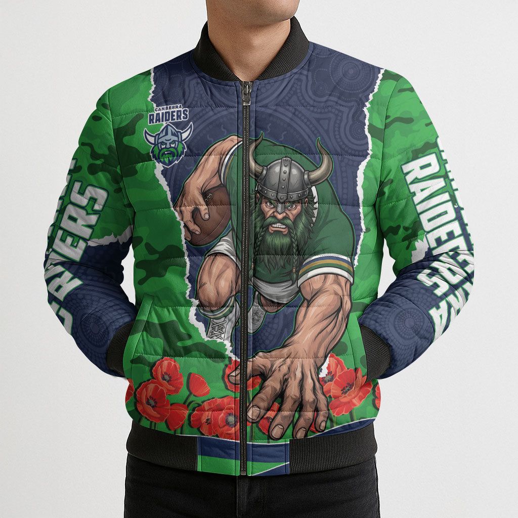 Personalized Canberra Raiders ANZAC Tribute Bomber Puffer Jacket Poppy Field Soldier Silhouette Aboriginal Rugby Mascot