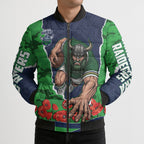 Personalized Canberra Raiders ANZAC Tribute Bomber Puffer Jacket Poppy Field Soldier Silhouette Aboriginal Rugby Mascot