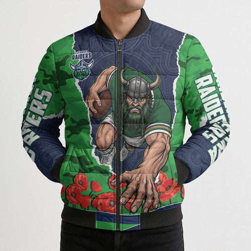 Personalized Canberra Raiders ANZAC Tribute Bomber Puffer Jacket Poppy Field Soldier Silhouette Aboriginal Rugby Mascot