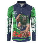 Personalized Canberra Raiders ANZAC Tribute Button Sweatshirt Poppy Field Soldier Silhouette Aboriginal Rugby Mascot
