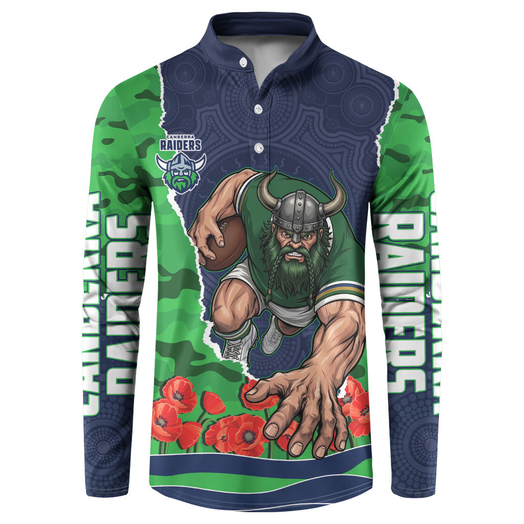 Personalized Canberra Raiders ANZAC Tribute Button Sweatshirt Poppy Field Soldier Silhouette Aboriginal Rugby Mascot