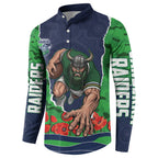 Personalized Canberra Raiders ANZAC Tribute Button Sweatshirt Poppy Field Soldier Silhouette Aboriginal Rugby Mascot