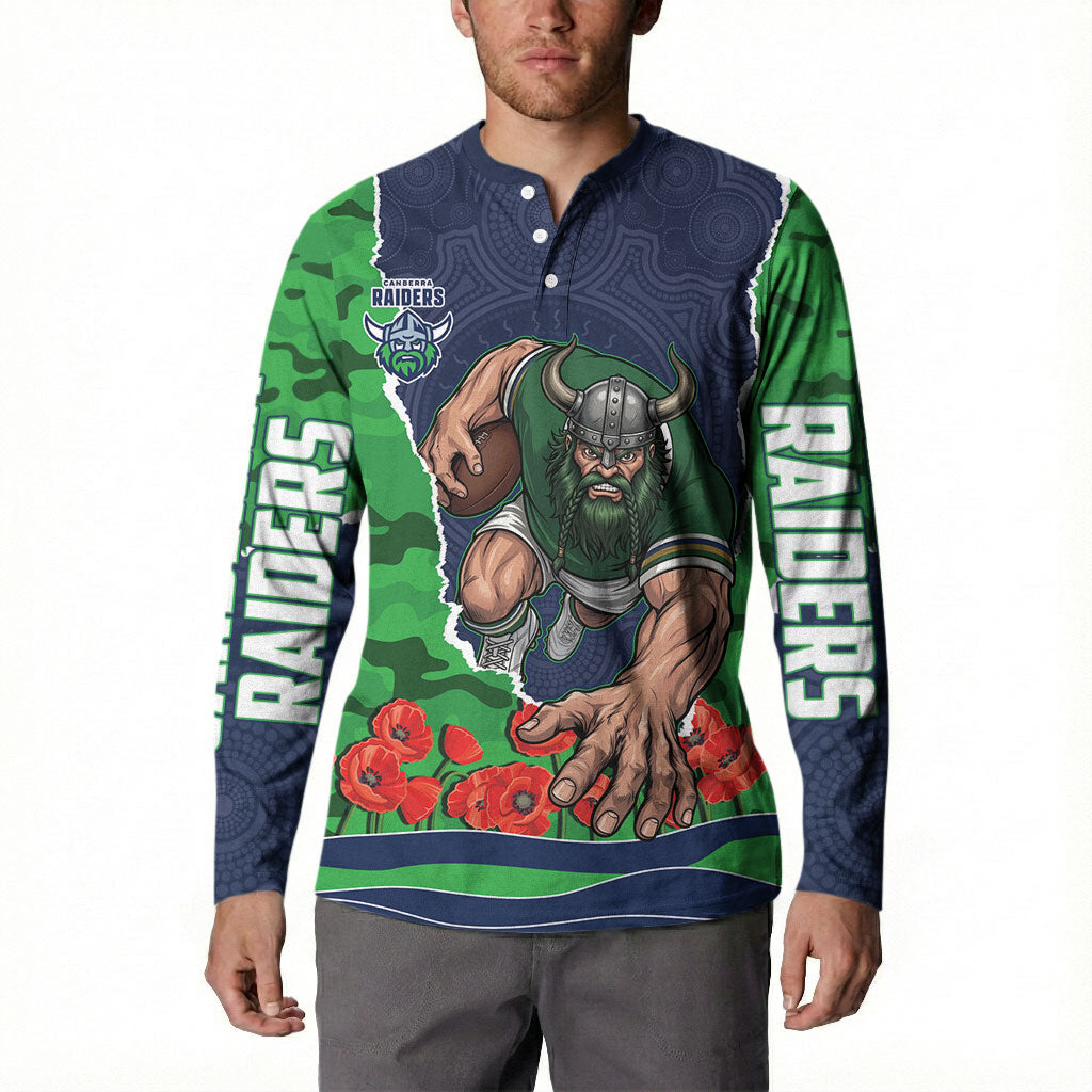 Personalized Canberra Raiders ANZAC Tribute Button Sweatshirt Poppy Field Soldier Silhouette Aboriginal Rugby Mascot